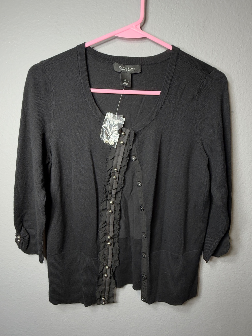 White House Black Market Black Ruffle-Trim Button Cardigan